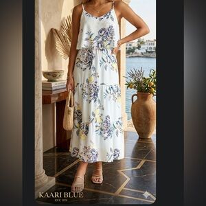 kaari blue dress Kaari Blue Dress Blue with Flower and Lemon Pattern Maxi Size M